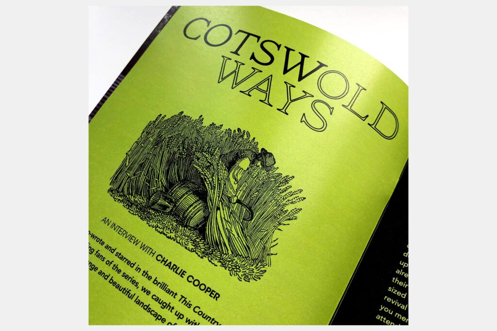Weird Walk issue five single page view showing the text 'Cotswold Ways' with a black and white illustration depicting a man with hay