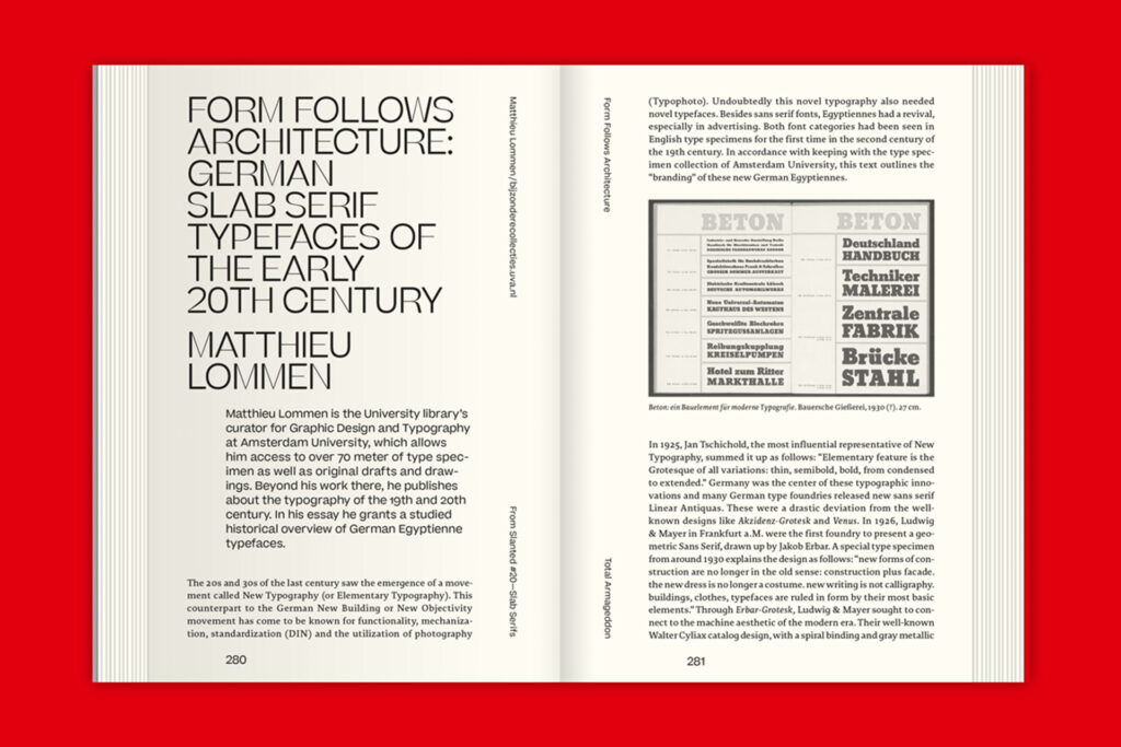 Book lying flat showing a full article within Total Armageddon. It focuses on typography of the early 20th century.