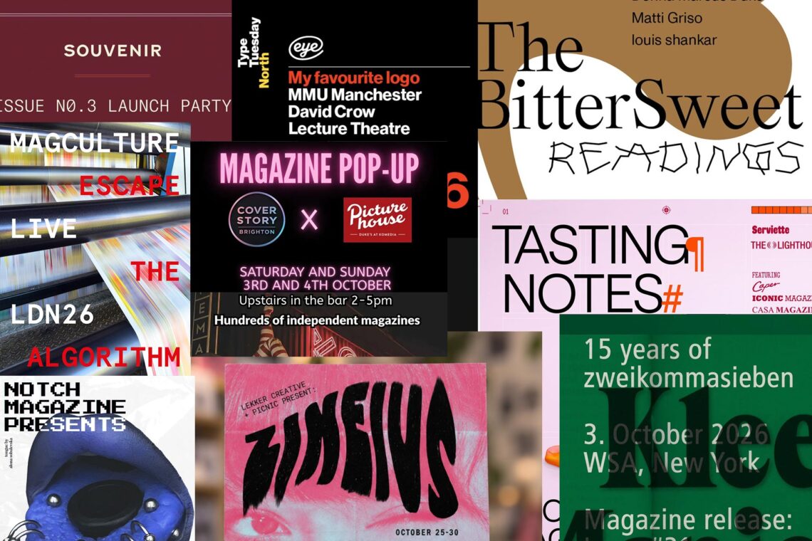 9 posters grouped together to show a range of independent magazine events for Autumn 2026